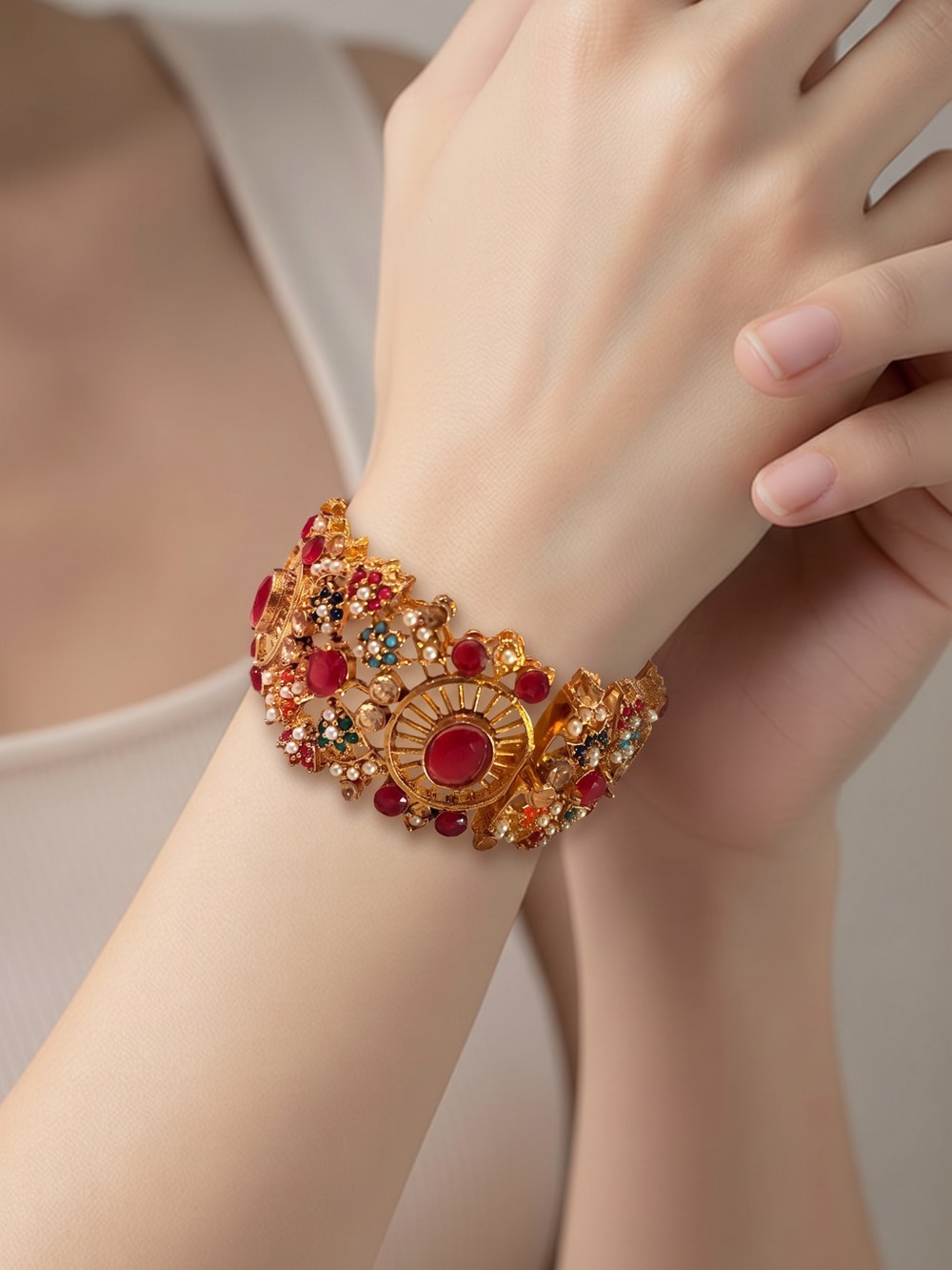 Elegant Gold-Plated Red Gemstone Cuff Bracelet - Women Jewelry